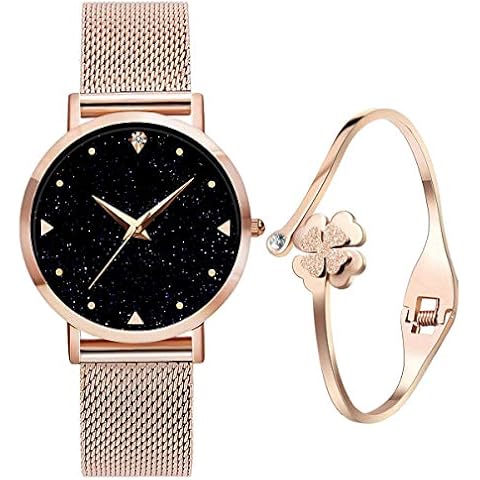 UEOTO Ladies Watches with Bracelet, 3ATM Waterproof Analogue Quartz Watches with Rose Gold Stainless Steel Mesh Strap for Women, Lady Wrist Watch with Blue Elegant Starry Sky Dial Cover