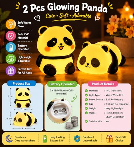 Image of Cubbie Cute Sleeping & Sitting Panda Night Light Lamp Battery Operated Table and Desk Decorations Gift Pandas (Pack of 2)