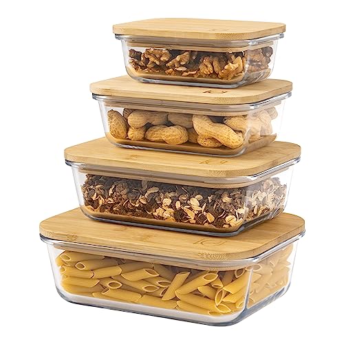 eluno Lot de 4 boîtes de conservation rectangulaires en verre avec couvercle en bambou