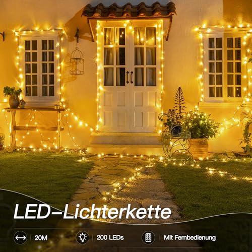 Hopexy Lichterkette außen 20 m 200 LEDs Lichterkette Weihnachtsbaum Weihnachtsbeleuchtung innen mit Fernbedienung Timer, 8 Modi IP44 wasserdicht für Garten Balkon Party Hochzeit Tannenbaum(warmweiß)