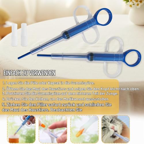 Tabletteneingeber Katze mit Haustier Fütterung Silikon Nippel Set | Umfangreiches Komplettset mit 6 Spritzen (1ml/5ml/10ml), Applikator und Aufzuchtnippeln für Welpen, Hunde und Katzen