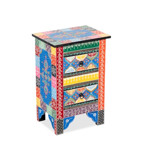 Image of Wooden Bedside Table for Bedroom with Drawer | Solid Wood Nightstand, Hand Painted Bed Side Table | Medium Size Storage Cabinet for Living Room, Multicolour-BS2