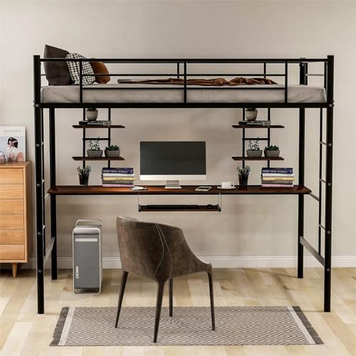 Estructura de cama de metal 90x200 cm cama alta con escritorio y 2 estanterías para libros cama de hierro con protección contra caídas cama infantil cama juvenil para niños jóvenes y adultos negro