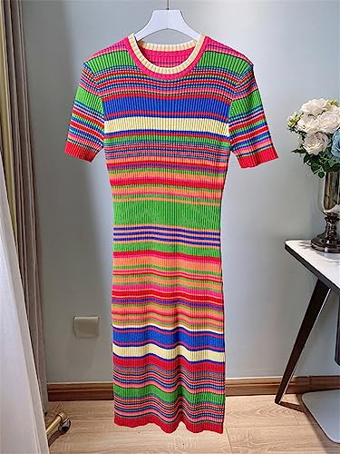 Women Colorful Striped Tight Knitting Dress Summer Short Sleeve Slim Thin Sheath Midi Bodycon Dress4