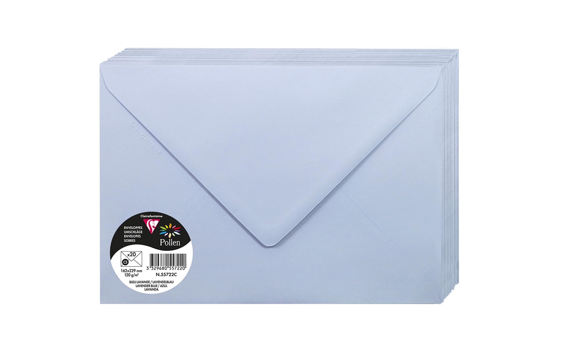 Clairefontaine 55722C Pack 20 Enveloppes gommées C5 120g Bleu lavande
