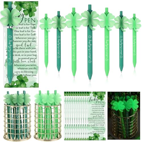 Epakh 24 Set St Patrick's Day Shamrock Pens Bulk Gifts Green Clover Glowing Black Ink Lucky Ballpoint Pens with Irish Blessing Cards Twist Ties Employee Appreciation Gifts Bulk