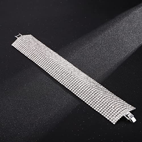 Xerling Full Rhinestones Bracelets Silver and Gold Crystal Cluster Wide Bangle Bracelets for Women Multi-layered Tennis Chain Bracelets (Type A Silver)4