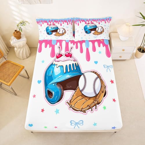 Image of Castle Fairy Baseball Cap Bed Sheets Queen Size,Ice Cream Cherry Dessert Bedding Set, Game Sports Graffiti Boys Girls Room Decor,Bule Sheet(Fitted+Flat+2 Pillowcases)