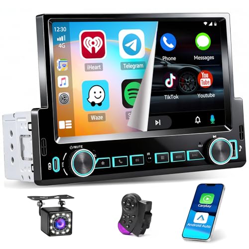 Radio Hikity 1 DIN Con Pantalla Táctil Retráctil De 7" | Wireless Carplay Y Android Auto, Bluetooth, FM, USB, Tipo C Y Cámara Trasera AHD