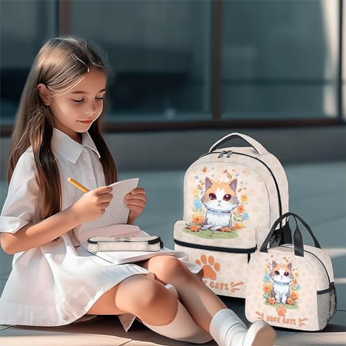 Cat Backpack with Lunch Box and Pencil Case Set, 3 in 1 Matching Teens Orange Backpacks Combo, Cute Bookbag and Pencil Case Bundle2