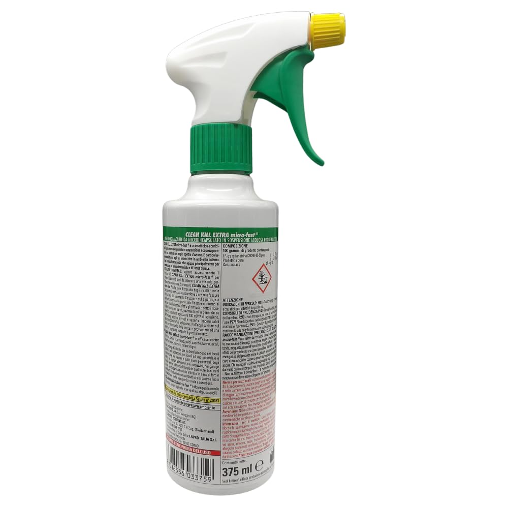 CLEAN KILL Insetticida Ecologico Biokill Spray Extra Micro Fast No Gas a Base Acquosa, Ideale per Blatte, Cimici, Tarli, Zanzare, e Altri Insetti, Uso Interno ed Esterno, Flacone da 375ml (4 Unità)