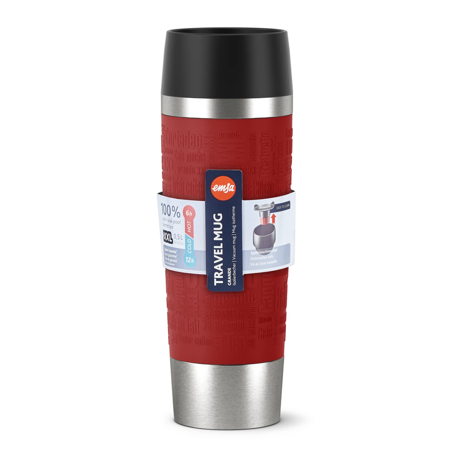 Emsa Travel Mug - Taza térmica de 0,5l, Mantiene Calor 4 h y frío 8 h, Acero Inoxidable con Base Antideslizante y Zona de Agarre de Silicona con Letras grabadas, Color Rojo