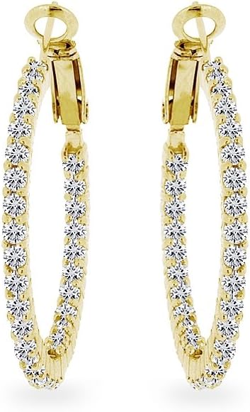 Sterling Silver Cubic Zirconia Round Thin Delicate Inside-Out Clutchless Hoop Earrings, 33mm - Image 2