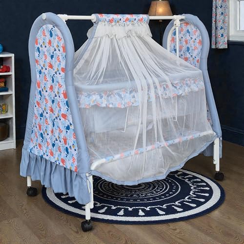 Image of Kiddery Apollo Baby Cradle (Grey) | Newborn to 12 Months | Premium Swing Cradle with Mosquito Net, Wheels & Lock | Strong Metal Frame | Comfortable Sleeping Jhula