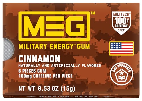 Image of MEG (Military Energy Gum) - Cinnamon| Energy Caffeine Gum | 100mg Caffeine Per Piece |Fast-Acting Performance Boost - 12 Packs