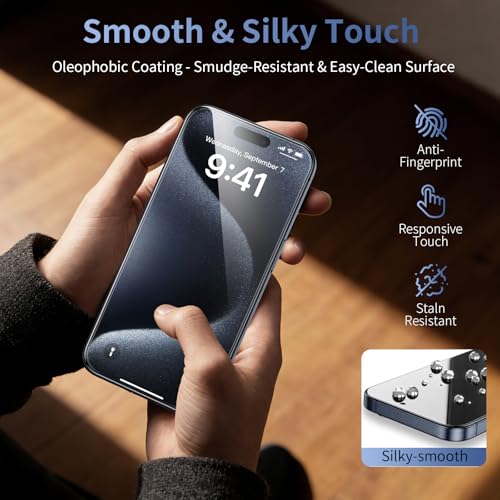 Image of 2 Pack for iPhone 15 Pro Max Screen Protector, 9H+ Hardness Tempered Glass Full Edge Coverage, Military-Grade Shatter Protection, HD Clear & Sensitive Touch, Easy Installation
