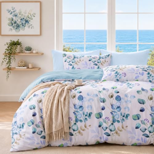 MUXHOMO Duvet Cover King Size, Reversible Floral Blue Duvet Cover Set with Zipper Closure, 3 Pieces Botanical Patterns Soft Microfiber Bedding Set (90"x104", 2 Pillow Cases 20"×36")