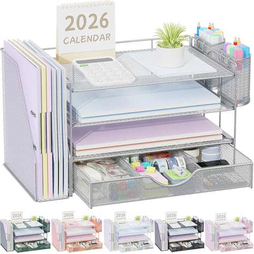 Image of gianotter Desk Organizers and Accessories with File Holder, 4-Tier Desk Accessories & Workspace Organizers with Drawer and 2 Pen Holder, Paper Organizer for Office Supplies (Grey)