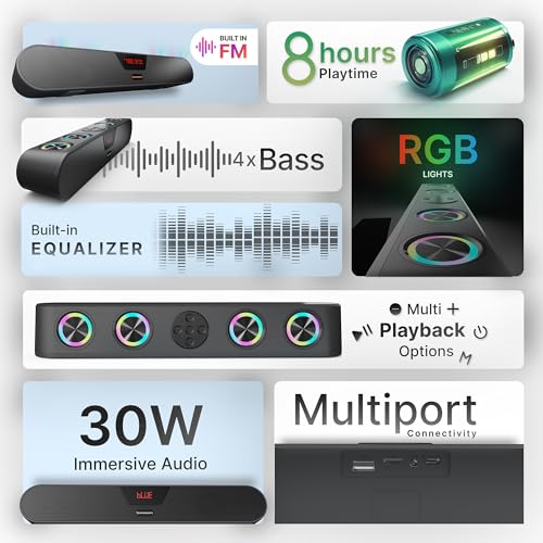 Image of CrossBeats Blaze B30 Bluetooth 30W Soundbar Gaming RGB Light, AUX, BT, SD Card, USB &FM, 8 Hrs Playtime Fast Charge Sound bar Smart tv with Built-in mic, Speaker for Mobile, PC, Laptop (B30 (Old))