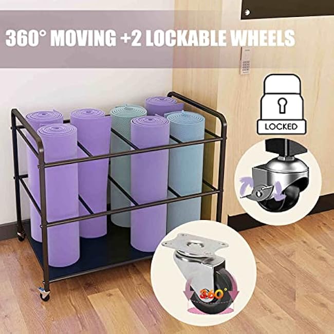 Yoga Mat Storage Rack Basket Workout Equipment Home Gym Storage Rack with Wheels Yoga Mat Holder Exercise & Fitness Organizer for Dumbbell Kettlebells Resistance Bands Yoga Blocks Foam Roller
