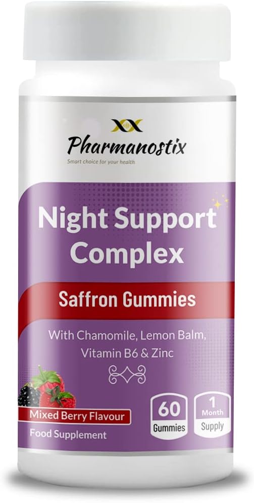 Night Support Complex Vegan & Sugar-Free Gummies (60) – 90 mg Saffron per Gummy- with Calming Chamomile & Lemon Balm, Vitamin B6 & Zinc- 1 Month Supply – Mixed Berry Flavour