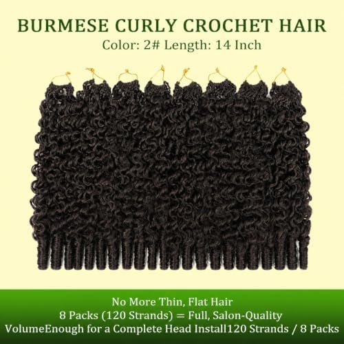 New Burmese Curly Crochet Hair Dark Brown Pre-Looped 14 Inch 8 packs 2# — view 7