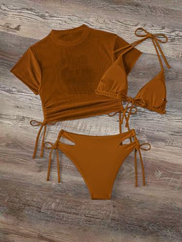 Image of Sexybody Women's 3 Piece Swimsuit Halter String Bikini Tie Side Mesh Short Sleeve Bathing Suits