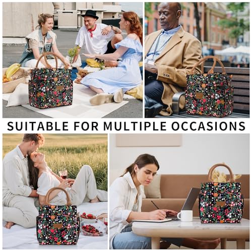 Joymee Lunch Bag Women, Leakproof Insulated Floral Lunch Box with Adjustable Shoulder Strap Large Reusable Adult Lunch Box Lunch Tote Lunch Bag with Water Bottle Holder and Side Pockets-Multi-Floral