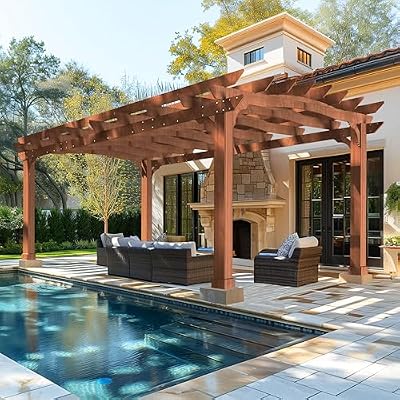 VEIKOU 12’ X 14’ Pergola, Outdoor Pergola with Solid Structure, Patio Wood Pergola, Cedar Pergolas and Gazebos with Arched Top for Deck Yard Grill Party Garden