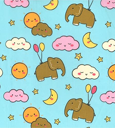 Tissu en polycoton bleu à motif éléphants flottants - Laize de 110 cm de large