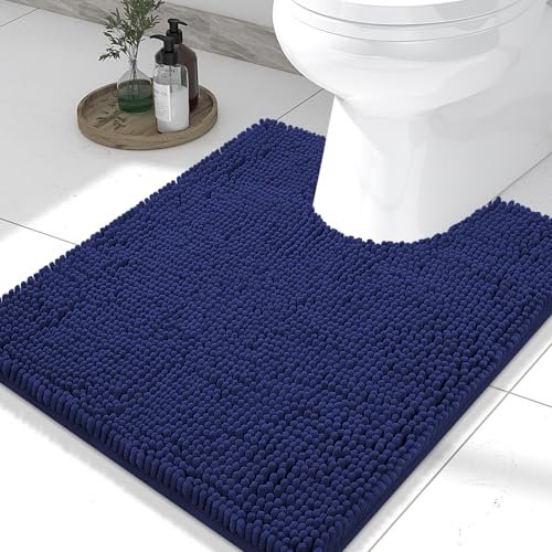 Smiry Luxury Chenille Toilet Rugs U-Shaped 24x20, Soft Absorbent Non-Slip Contour Bathroom Rugs for Toilet, Machine Washable Contoured Bath Mats, Navy Blue