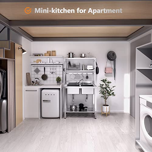 Vingli 67" 2-Compartment Commercial Sink With Shelves Over & Drying Rack Underneath, 304 Stainless Steel Sink Double Basin With Drain For Restaurant, Freestanding Utility Sink For Laundry Room, Garage #TOP1