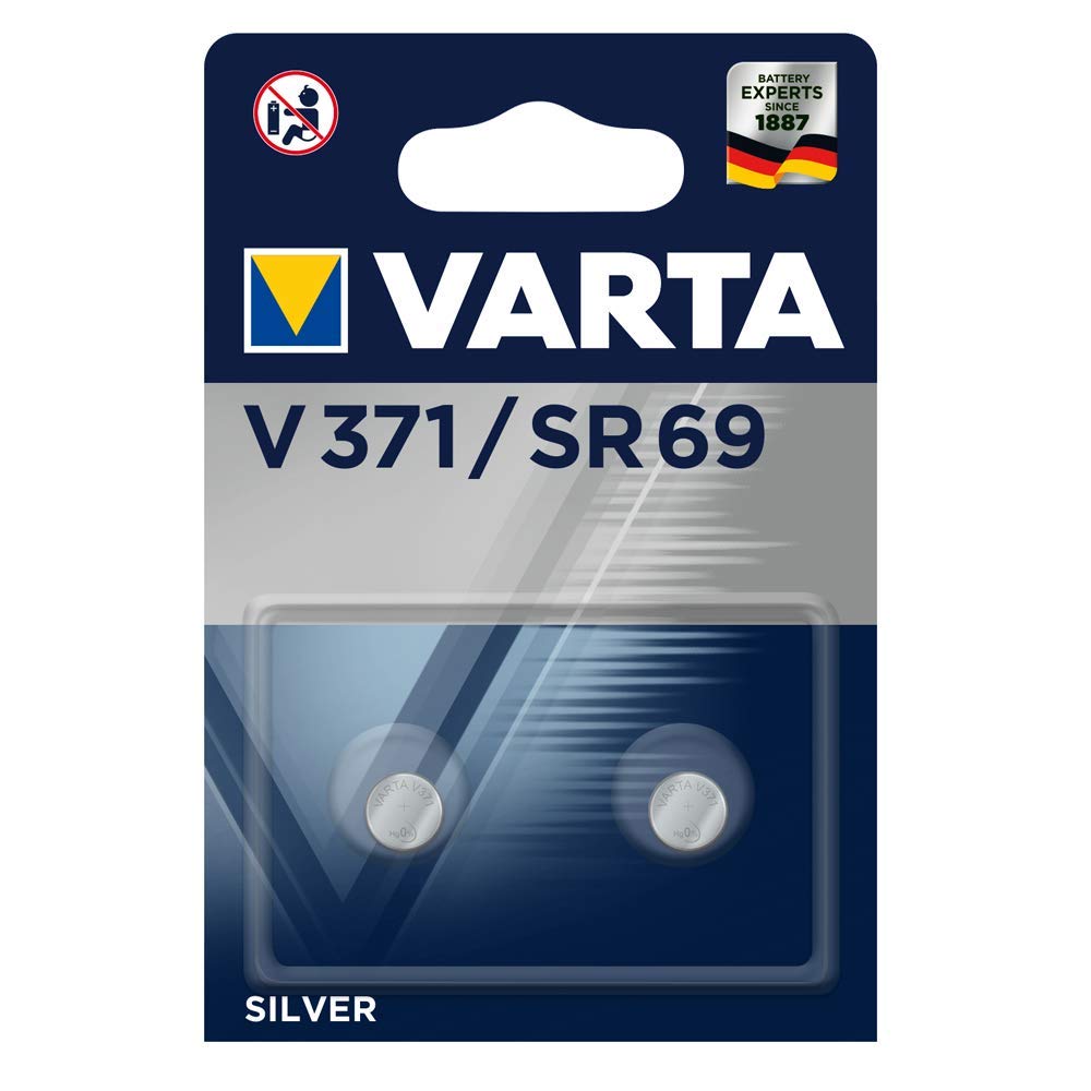 VARTA Batteries V371/SR69, 2 pieces, silver coin, 1.55 V, child-safe packaging, for small electronic devices - watches, car keys, remote controls, scales, made in Germany
