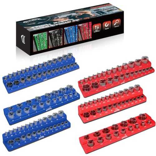 Image of GOOACC 6 PCS Magnetic Socket Organizer, Heavy Duty Socket Organizer Tray 1 /4 inch 3 /8 inch 1 /2 inch SAE & Metric Drive Sockets Holds 143, Magnetic Socket Holder for Tool Box Drawer Chest Garage Storage, Blue&Red