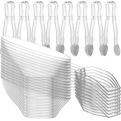 6 oz Clear Plastic Dessert Bowls (16 Pcs) with (8) Scoops and (8) Tongs, Angled Hard Disposable Ice Cream Bar Cups and Candy Buffet Containers Set for Serving Food, Appetizers, Buffets, Party Supplies