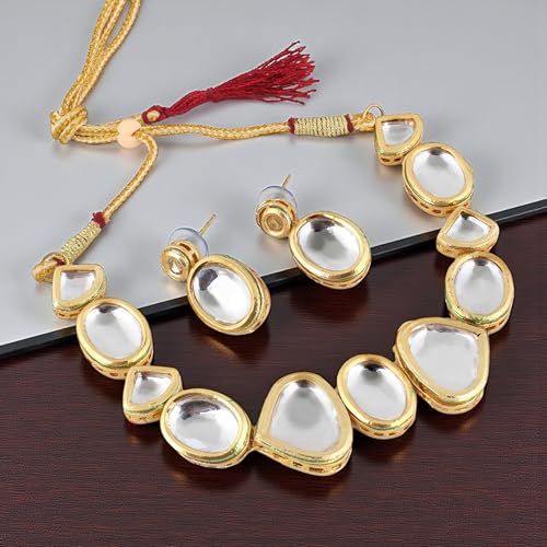 Image of Lucky Jewellery Back Meenakari 18k Gold Plated White Color Triangular Shape Earring Combo Jewellery Set Uncut Dibbi Kundan Choker Necklace for Girl's & Women