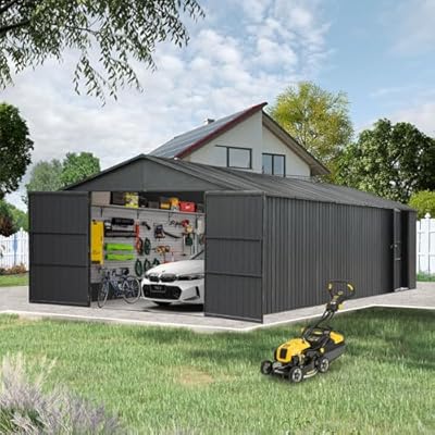 Domi 12x25FT Heavy Duty Outdoor Metal Garage Shed & Carport – Extra Large Lockable Double Door Storage Shelter for Cars, Trucks, Motorcycles, Lawn Equipment (Dark Grey)