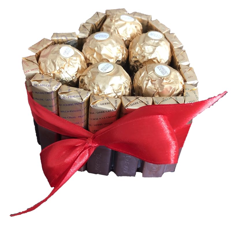 Tartas de chocolatinas Merci con flores y Ferrero. Perfectas como regalo de San Valentín, cumpleaños o Día de la Madre (Corazón mini Ferrero)