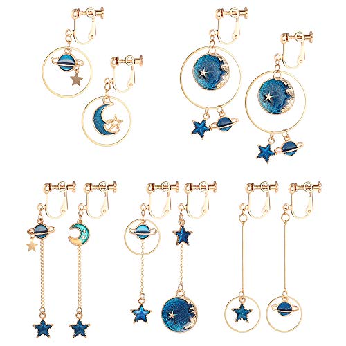 SAILIMUE 5Pairs Clip on Earrings Dangle Set for Women Cute Moon and Star Earrings Non Pierced Ear Clip Saturn Earrings