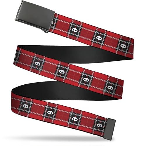 Buckle-Down Skelanimals Belt, Flip Web Belt Skelanimals Face Logo Plaid Red Black White