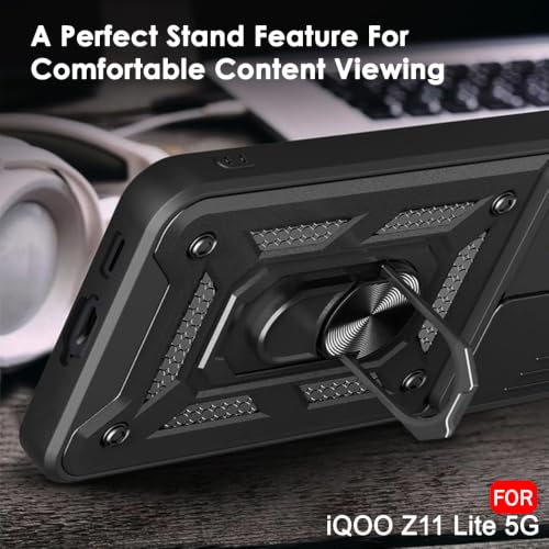 Image of TheGiftKart Tough Armor Bumper Back Cover Case for iQOO Z11 Lite 5G | Sliding Camera Cover, Kickstand & Ring Holder | 360 Degree Protection Back Cover Case for iQOO Z11 Lite 5G (PC & TPU, Black)
