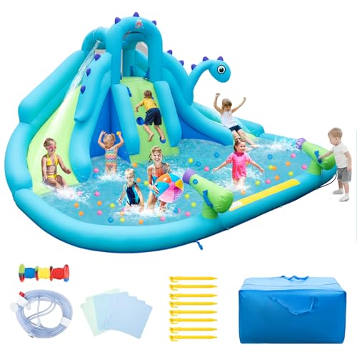 HONEY JOY Inflatable Water Slide, Dinosaur Water Bounce House Park for Kids and Adults Outdoor, Dual Slides & Splash Pool, Wet Dry Combo Blow up Waterslides Inflatable for Backyard(Without Blower)