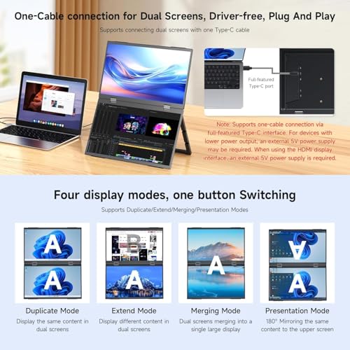 Image of 14inch Dual-Screen Portable Monitor Supports Windows /MacOS, Dual-1080p High Definition Foldable Screen, 100% SRGB, 178 Wide Viewing Angle, Built-in Gravity Sensor, Hi-Fi Speaker