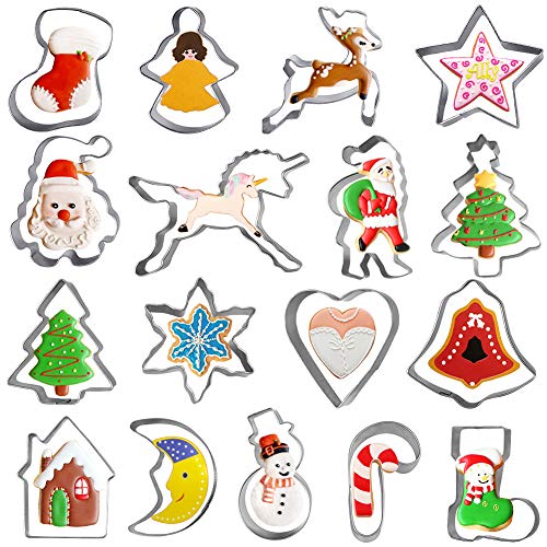 Joy.J Christmas Moldes para Galletas Infantiles Juego de Cortadores de Galletas de 17 Pcs, Papa Noel, Unicornio, Copo de Nieve, áRbol de Navidad, Reno, MuñEco de Nieve