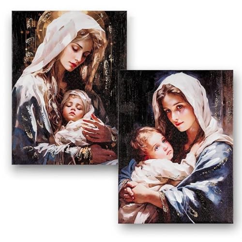 Set 2 quadri religiosi DRW Set 2 quadri della Vergine con il bambino stile realistico con cornice dorata 32x2x42 cm