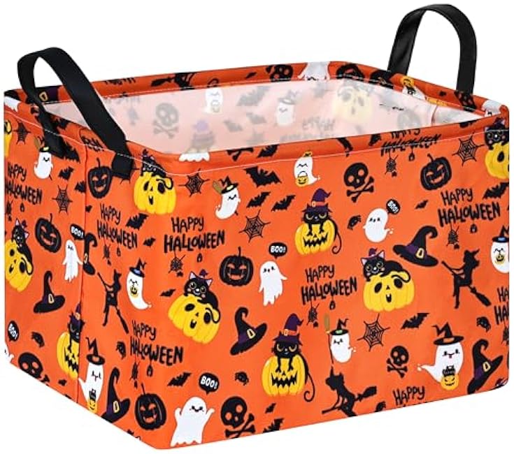 KUNRO Bat Pattern Halloween Storage Gift Basket Canvas Storage Bins with Handles Rectangle Storage Cubes Organizer for Bedroom Living Room