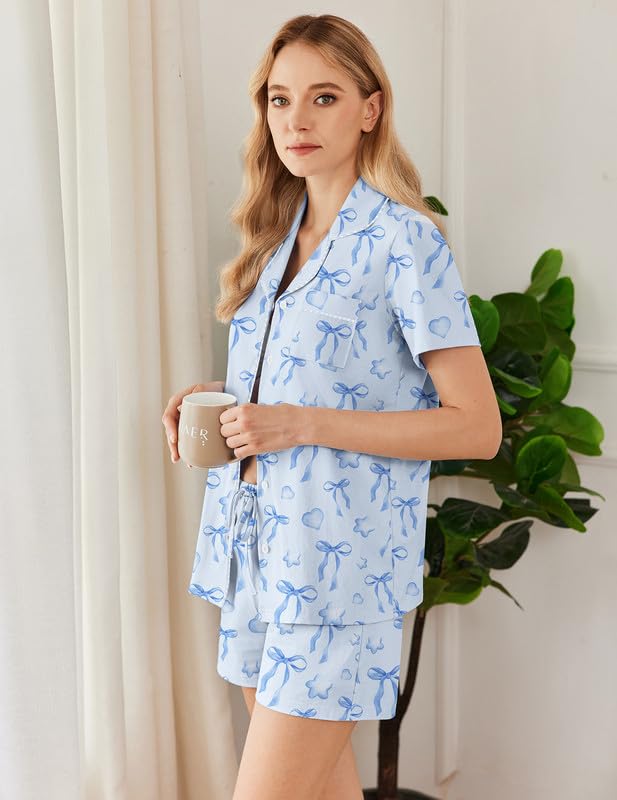 Image of Ekouaer Womens Pajamas Set Button Down Pjs Lounge Sets Short Sleeve Sleepwear Soft Loungewear Nigthwear