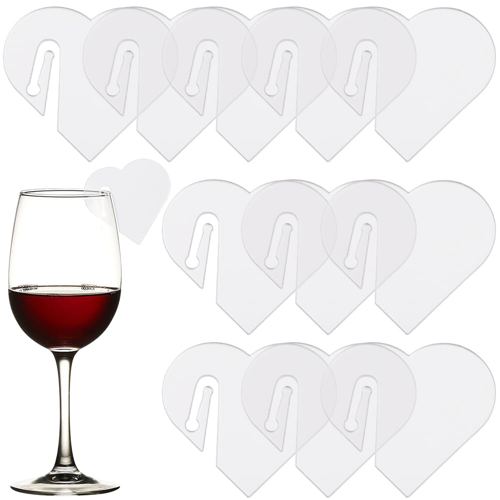 SUNNYCLUE 1 BOX 20PCS Acrylic Heart Drink Tags Wine Glasses Name Tags Transparent Party Write on Stemless Glasses Markers Blanks Flat Glass Identifiers Tag for Wedding Birthday Christmas Family Party