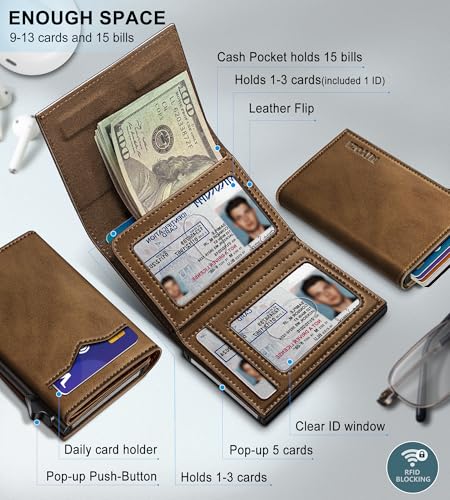 Image of miyozi Wallet for Men,with Cash Pocket 2 ID Window 9-13 Cards,Metal Case Smart Slim Pop Up Credit Card Holder Flip with Magnetic Closure RFID Blocking Trifold wallet with Gift Box