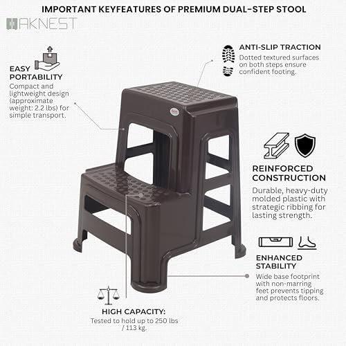Image of Oaknest Supreme Multipurpose Plastic 2-Step Stool for Kids & Adults - Anti-Slip Lightweight Stepping Stool for Kitchen, Bathroom & Home - Wenge, 1 Piece